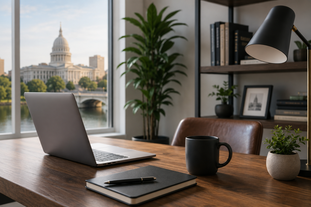 Professional workspace overlooking downtown Lansing, Michigan